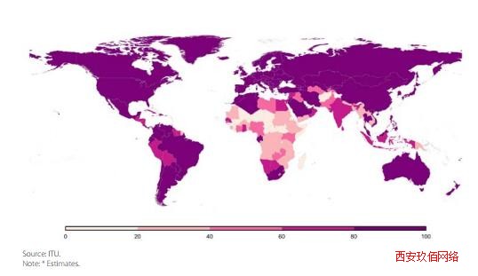 不同國家和地區15-24歲年輕人使用互聯網比例。顏色越深代表比例越高